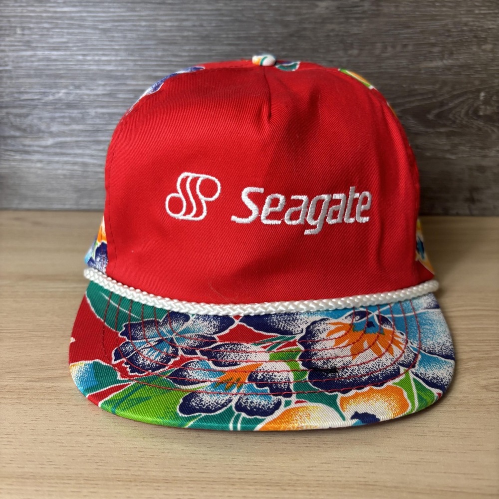 Vintage Seagate Hat Cap Snap Back Red Floral Hawaiian Rope Promo Mens 90s